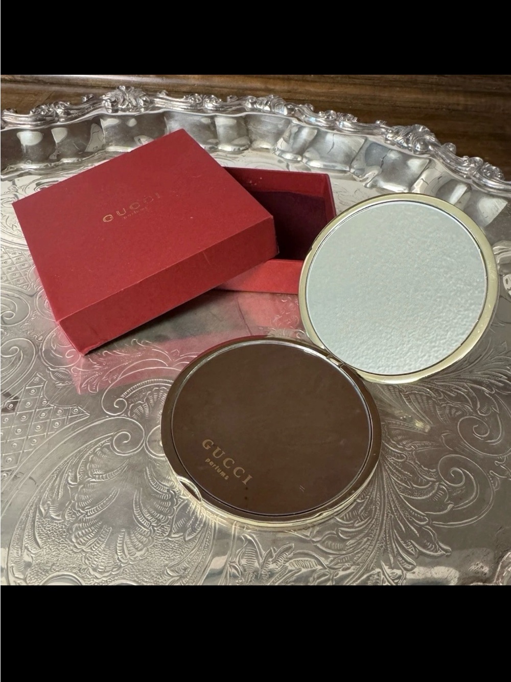 Gucci Brown and Red Compact Mirror with Gold Trim